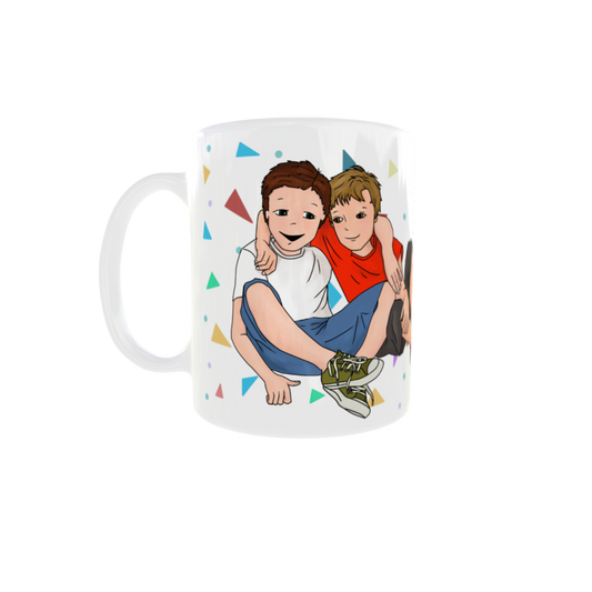 aza de cerámica de Lily Girls con el dibujo de dos personajes amigos celebrando la amistad. Diseño dulce y bonito