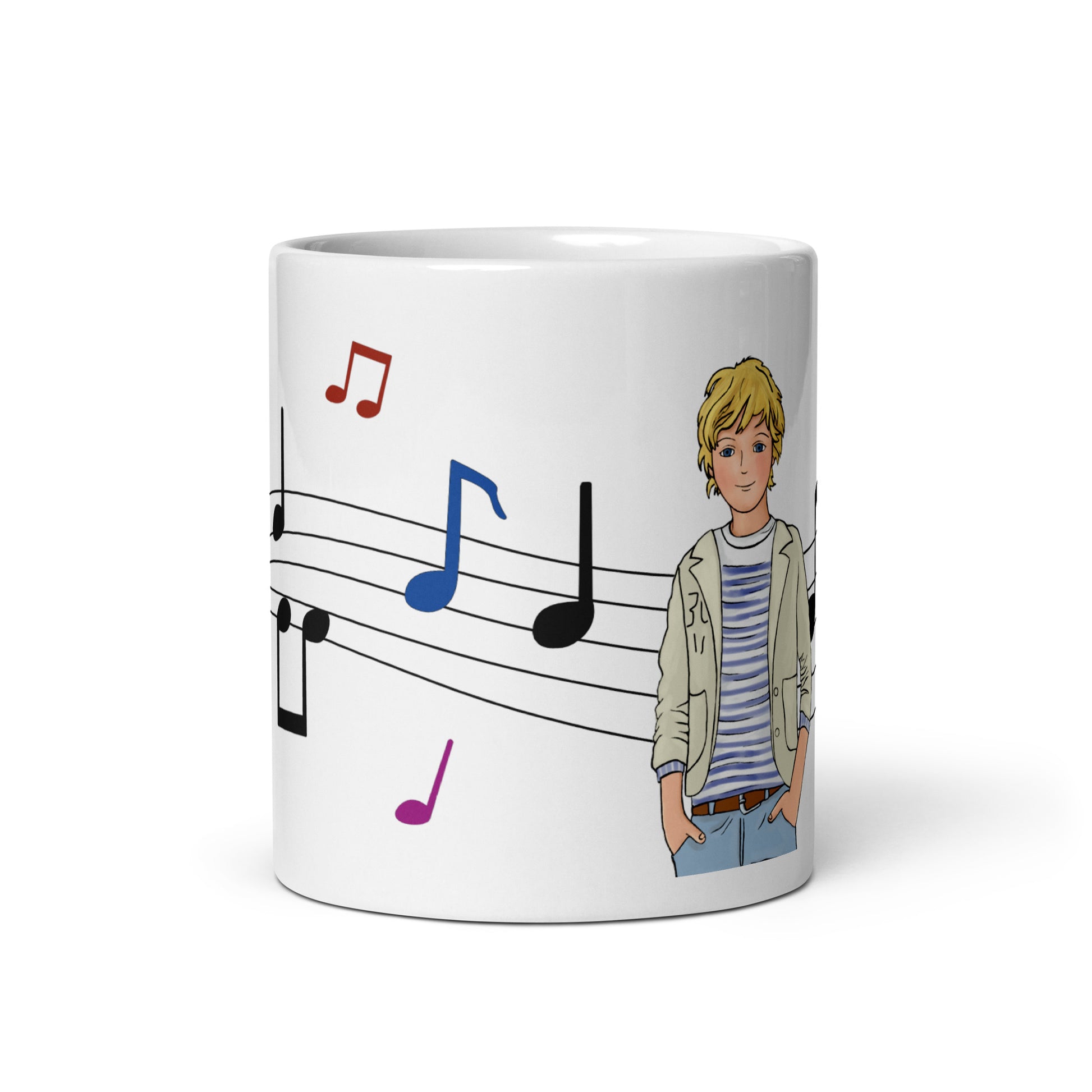 Taza de cerámica color blanco con el personaje  Jorge de Lily Girls y un fondo verde inspirado en la música.