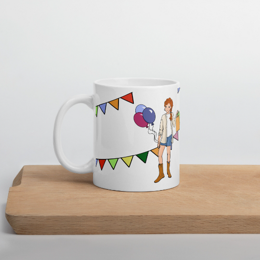 Taza de cerámica color blanco con el personaje  Sandra de Lily Girls y un fondo inspirado en las fiestas.