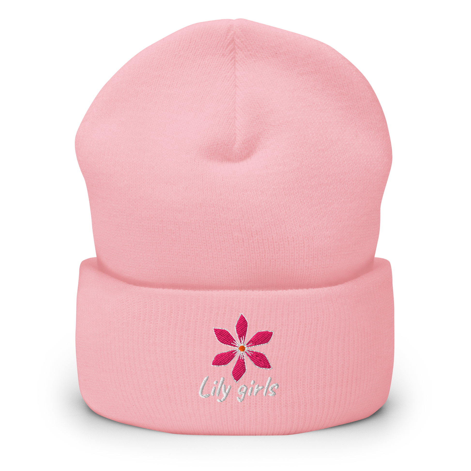 Gorro de lana Lily Girls en color rosa  con una flor bordada en el centro. Accesorio de invierno dulce y elegante.