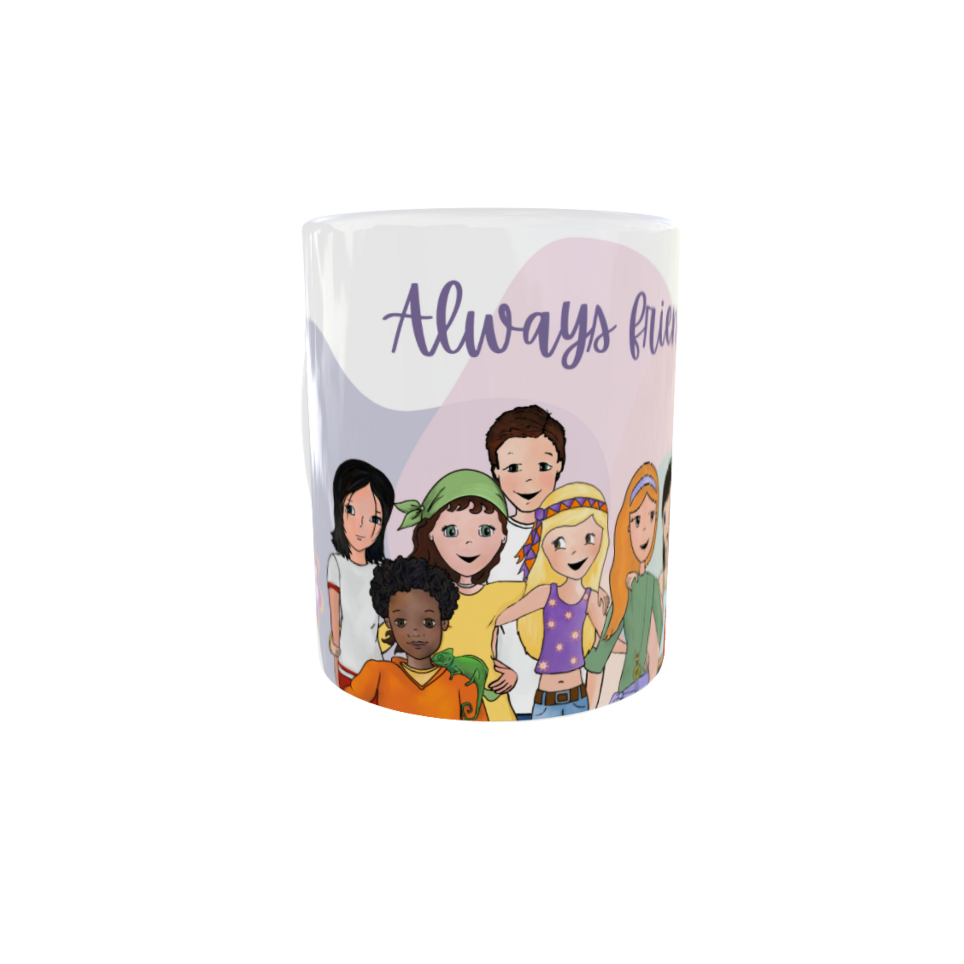 Taza de cerámica blanca de Lily Girls con el diseño de todos los personajes (Lily, Bel, Chloe, etc.) y la frase "Always Friends". Diseño dulce y bonito.