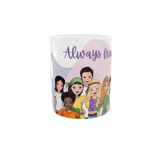 Taza de cerámica blanca de Lily Girls con el diseño de todos los personajes (Lily, Bel, Chloe, etc.) y la frase "Always Friends". Diseño dulce y bonito.