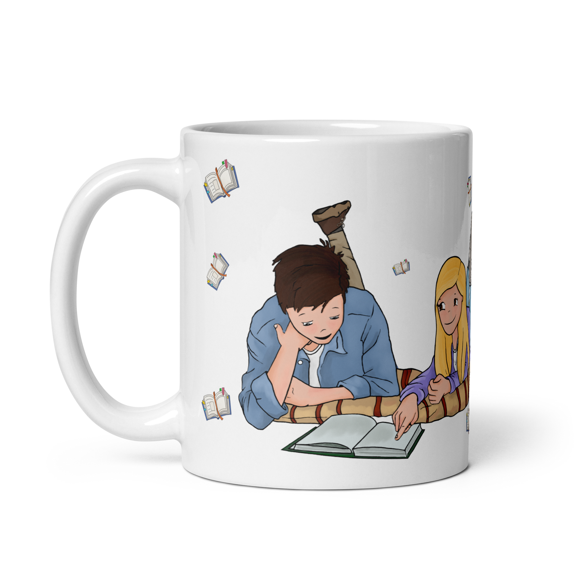 Taza de cerámica Lily Girls con el dibujo de los personajes Lily y Guille sentados juntos leyendo un libro. Diseño dulce y sencillo